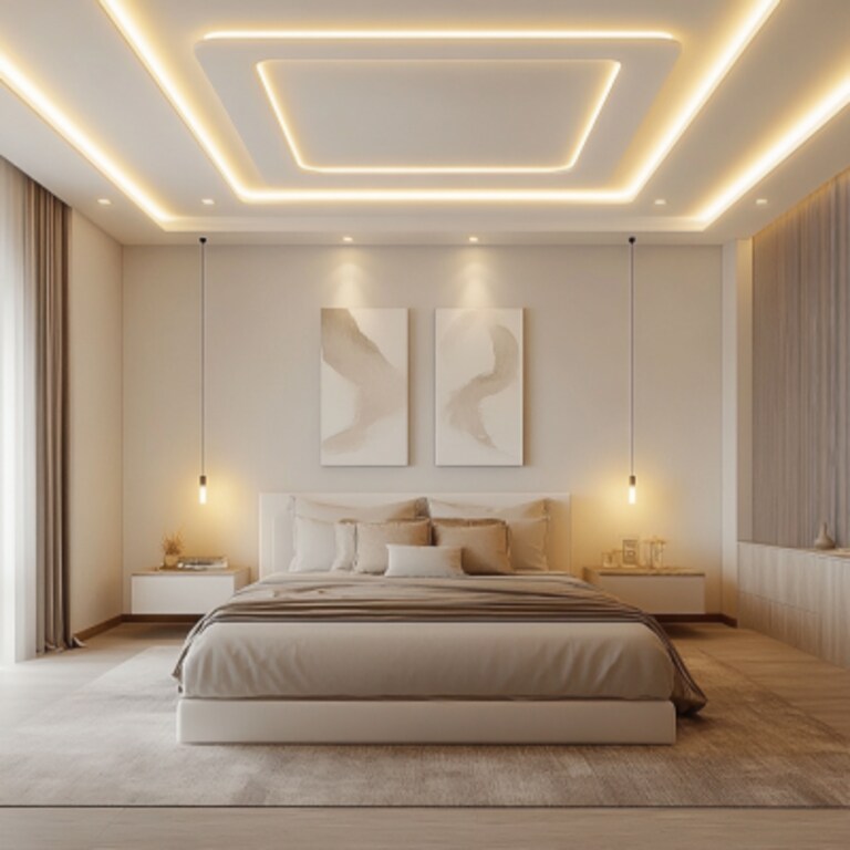 Modern Double-Layered White Bedroom Ceiling Design With Recessed Lights