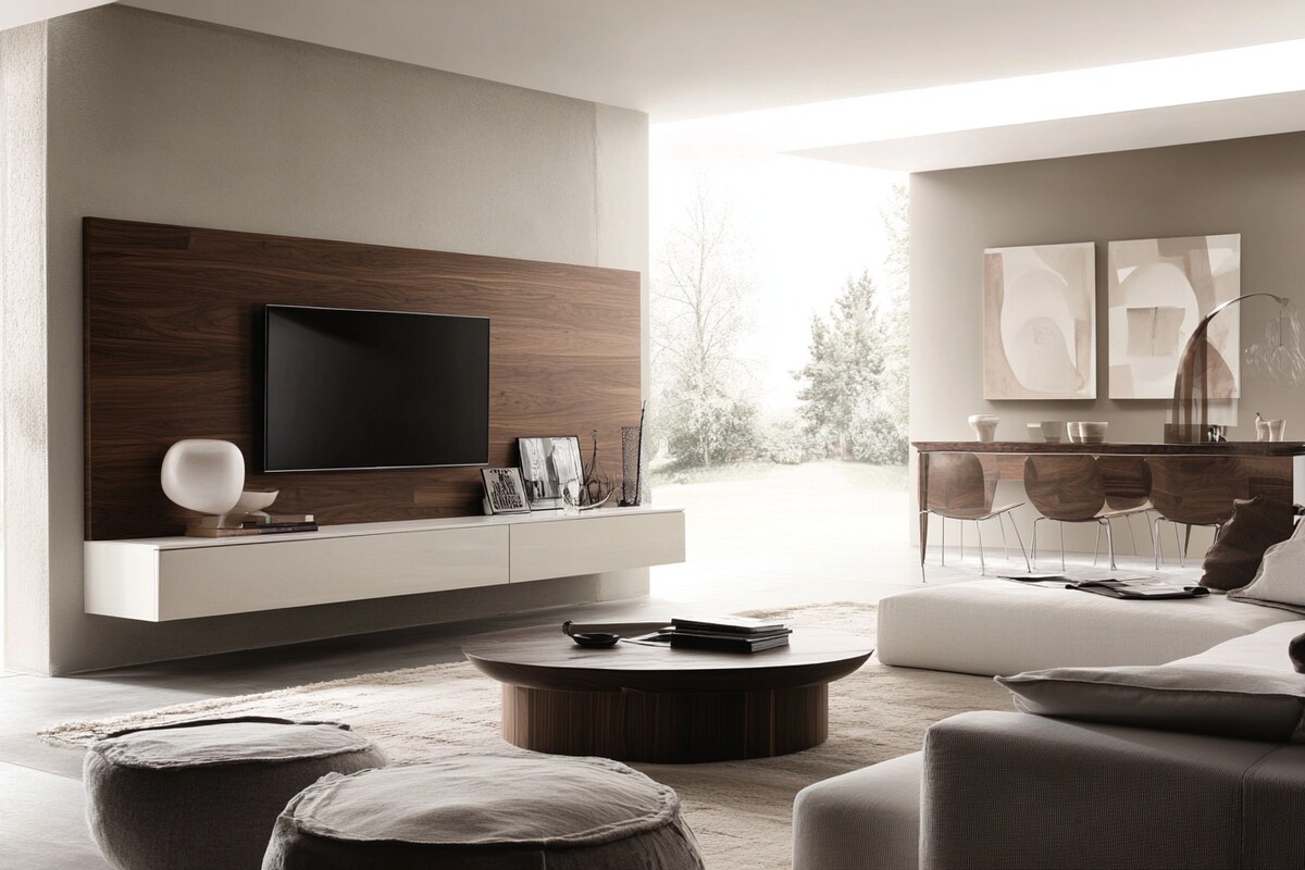 Modern Wall-Mounted Grey TV Unit Design with Wooden Back Panel Modern Wall-Mounted Grey TV Unit Design with Wooden Back Panel