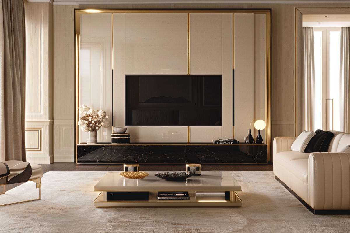 Contemporary Beige Living Room Design With Wall-Mounted White And Black TV Unit And Gold Panelling