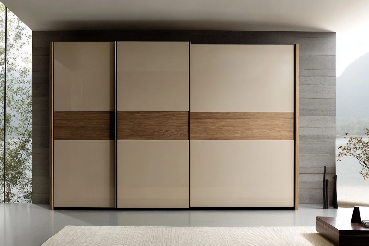 Contemporary Champagne-Toned And Wood 3-Door Sliding Door Wardrobe