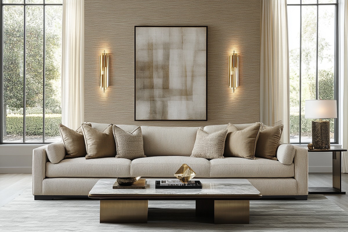 Contemporary Living Room Wall Design With Beige Textured Wall Panels And Gold Decor