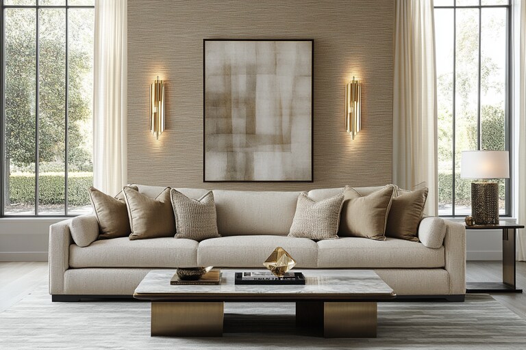 Contemporary Living Room Wall Design With Beige Textured Wall Panels ...