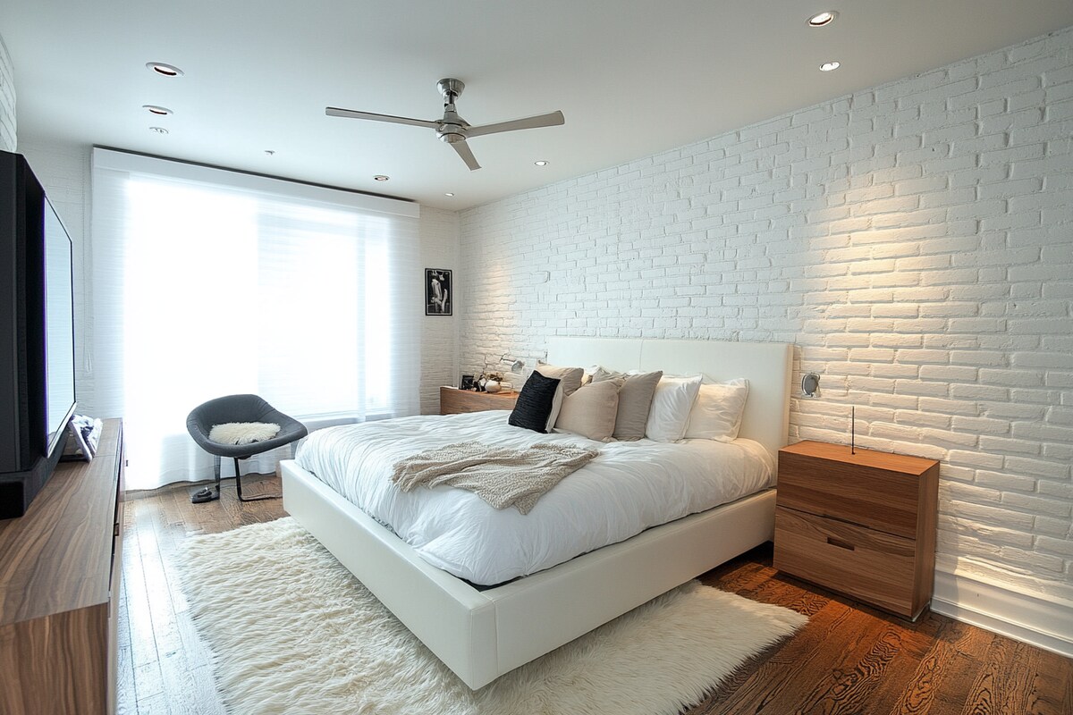 Modern Master Bedroom Design With White Brick Accent Wall