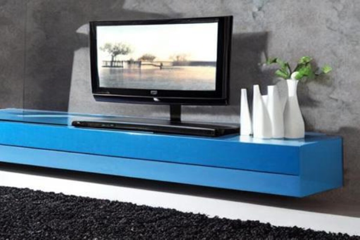Modern TV Unit Design in Black and Blue Laminate with Flower Vases Modern TV Unit Design in Black and Blue Laminate with Flower Vases