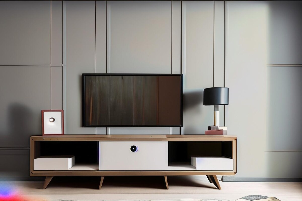Mid-Century Modern TV Unit Deign With Grey Paneling Mid-Century Modern TV Unit Deign With Grey Paneling