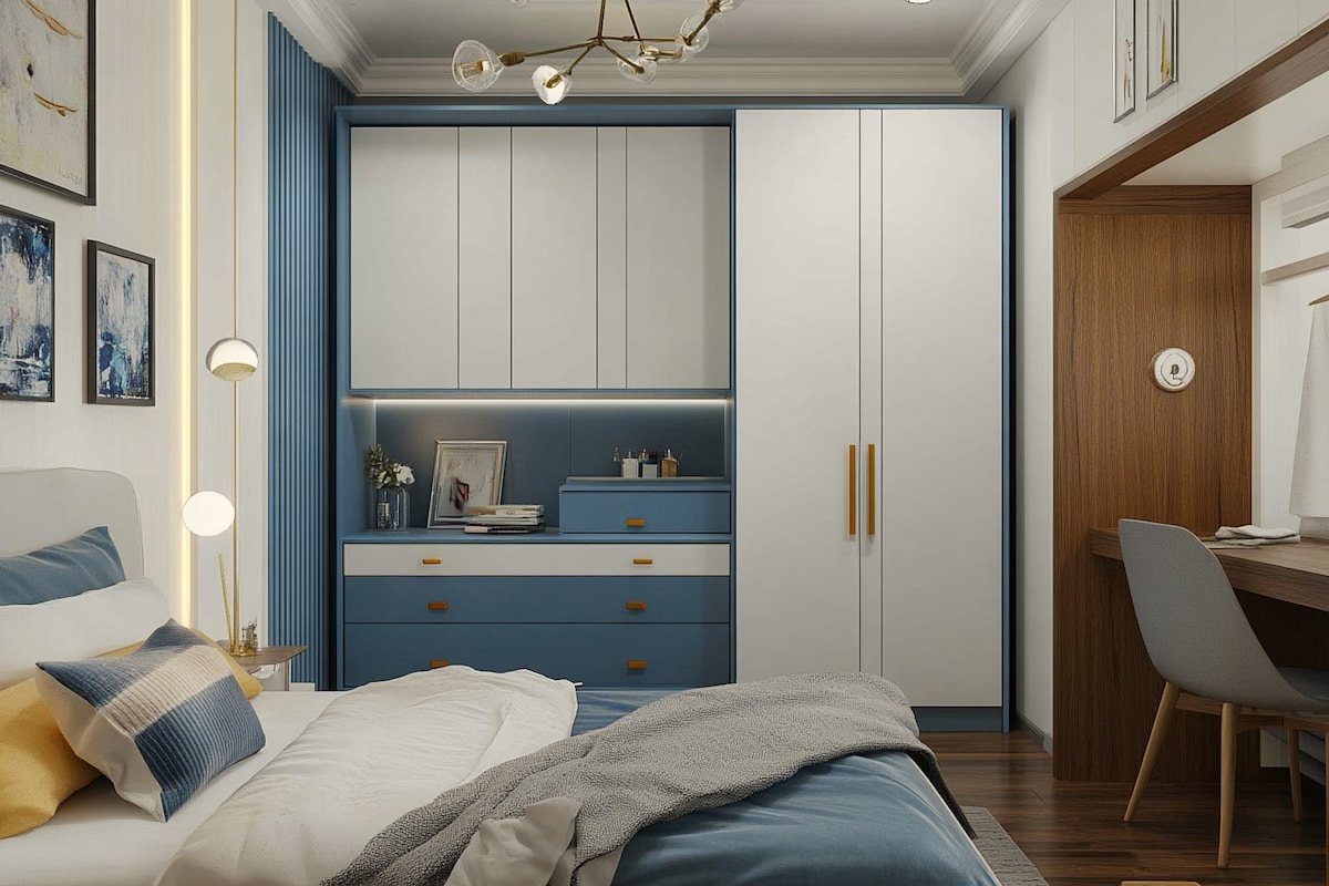 Contemporary 2-Door White And Blue Wardrobe Design With Stand-Alone Storage Unit