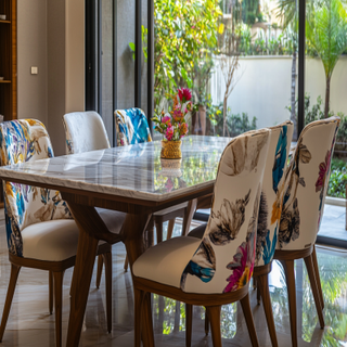 Contemporary Marble 6-Seater Dining Room Design With Seater And Multicoloured Cushions