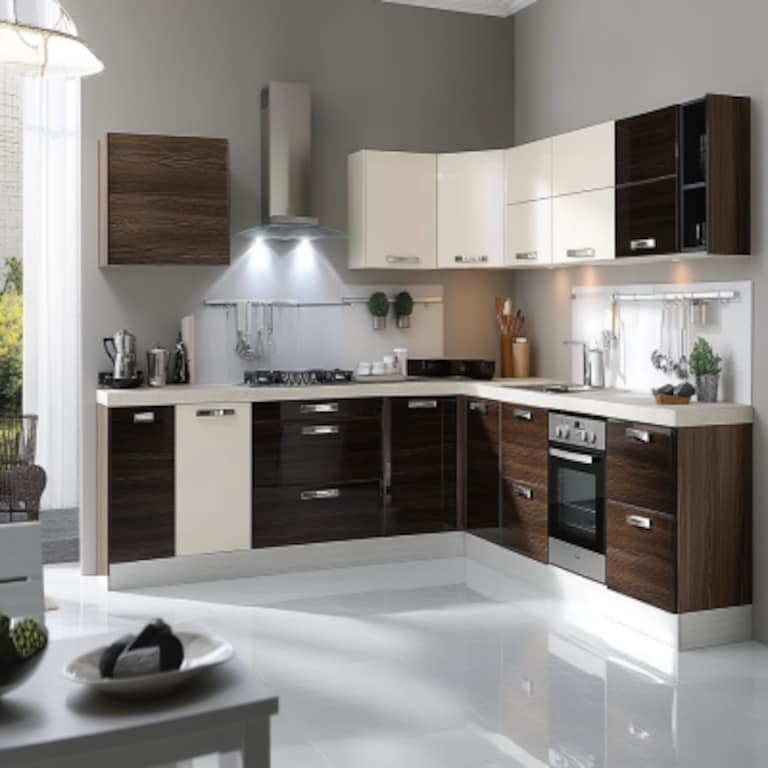 Contemporary Regalia L-Shape Kitchen Design With Brown And White Cabinets