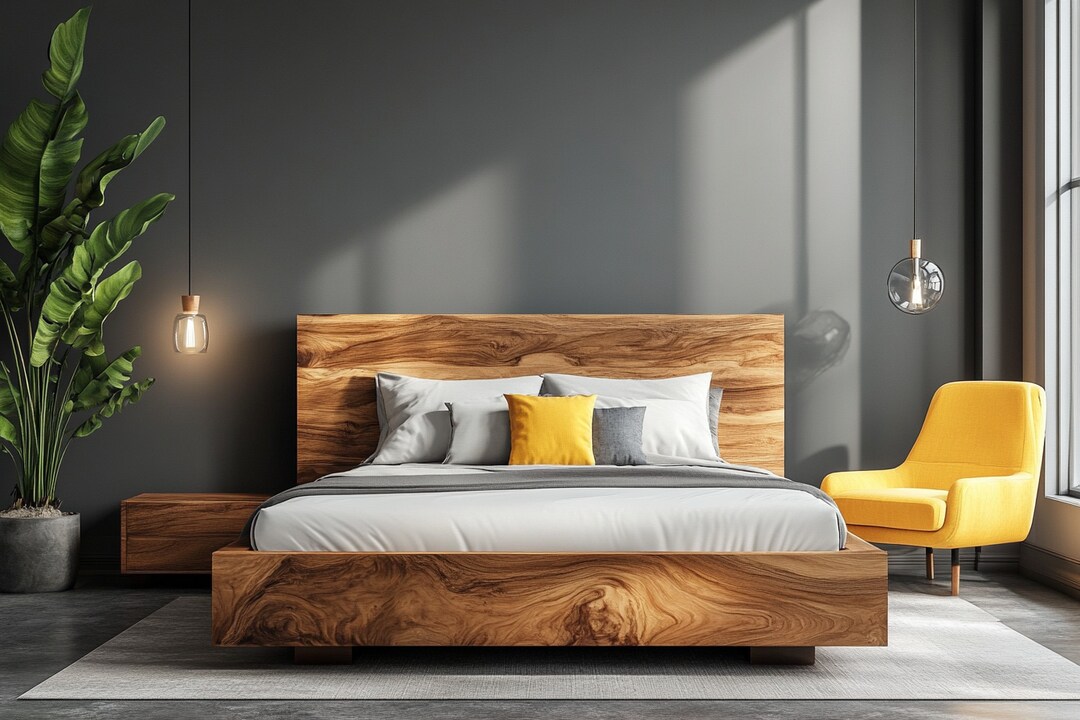 Modern Grey And Wood Master Bedroom Design With Wooden Bed And Yellow ...