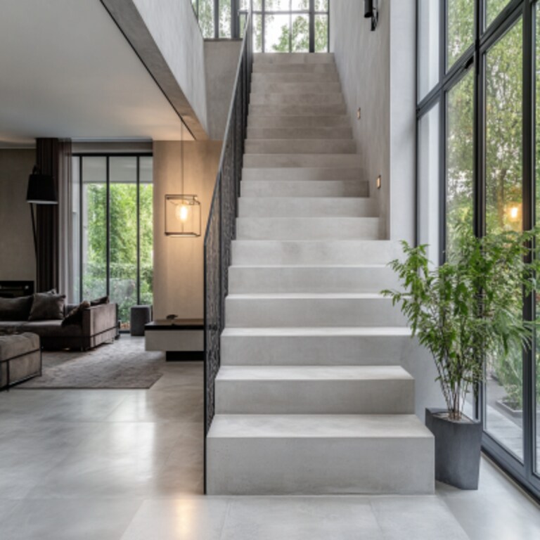 Modern U-Shaped Concrete Staircase Design with Two Landings