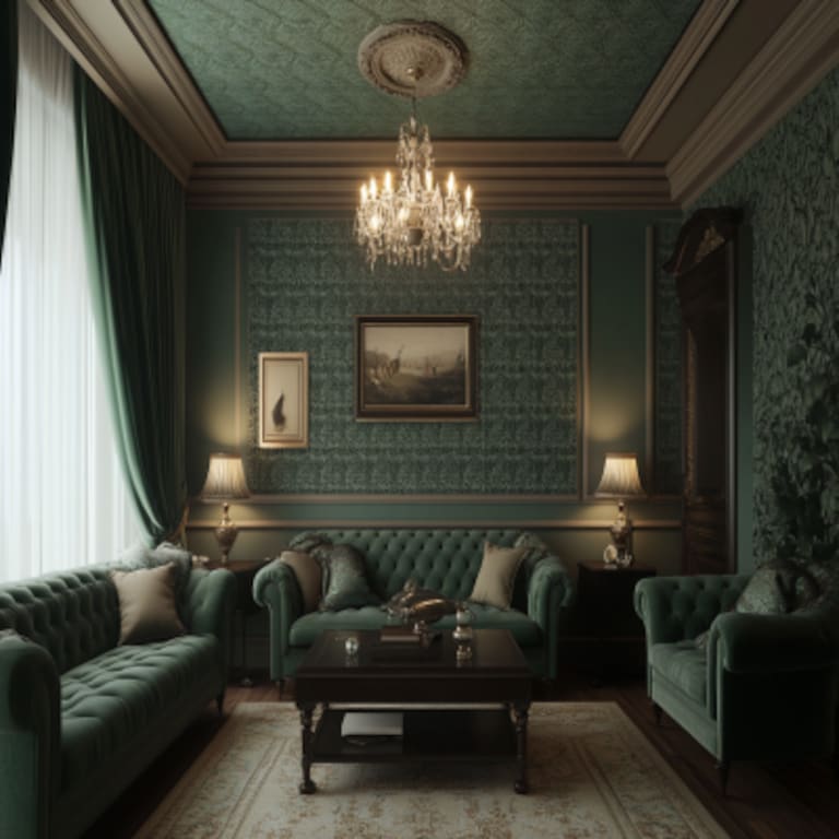 Vintage Green Damask Living Room False Ceiling Design With Wallpaper