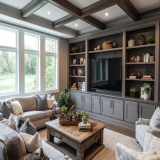 Classic Wood and Grey TV Unit Design with Open Shelves