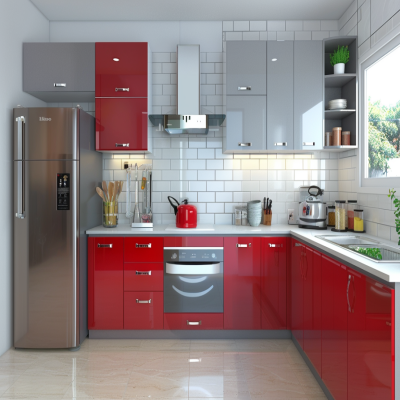 Modern Ibisco Red And Grey L Shape Modular Kitchen Design With White Subway Backsplash