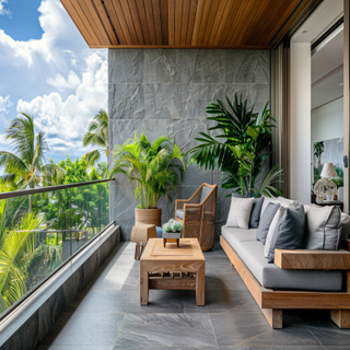 Tropical Grey And Wood Balcony Design With Grey Textured Panelled Wall