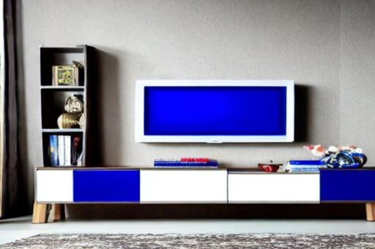 Modern TV Unit Design in Blue and White Laminate