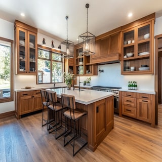 Classic Open Modular Wooden Kitchen Design With Suede-Finish Kitchen Cabinets