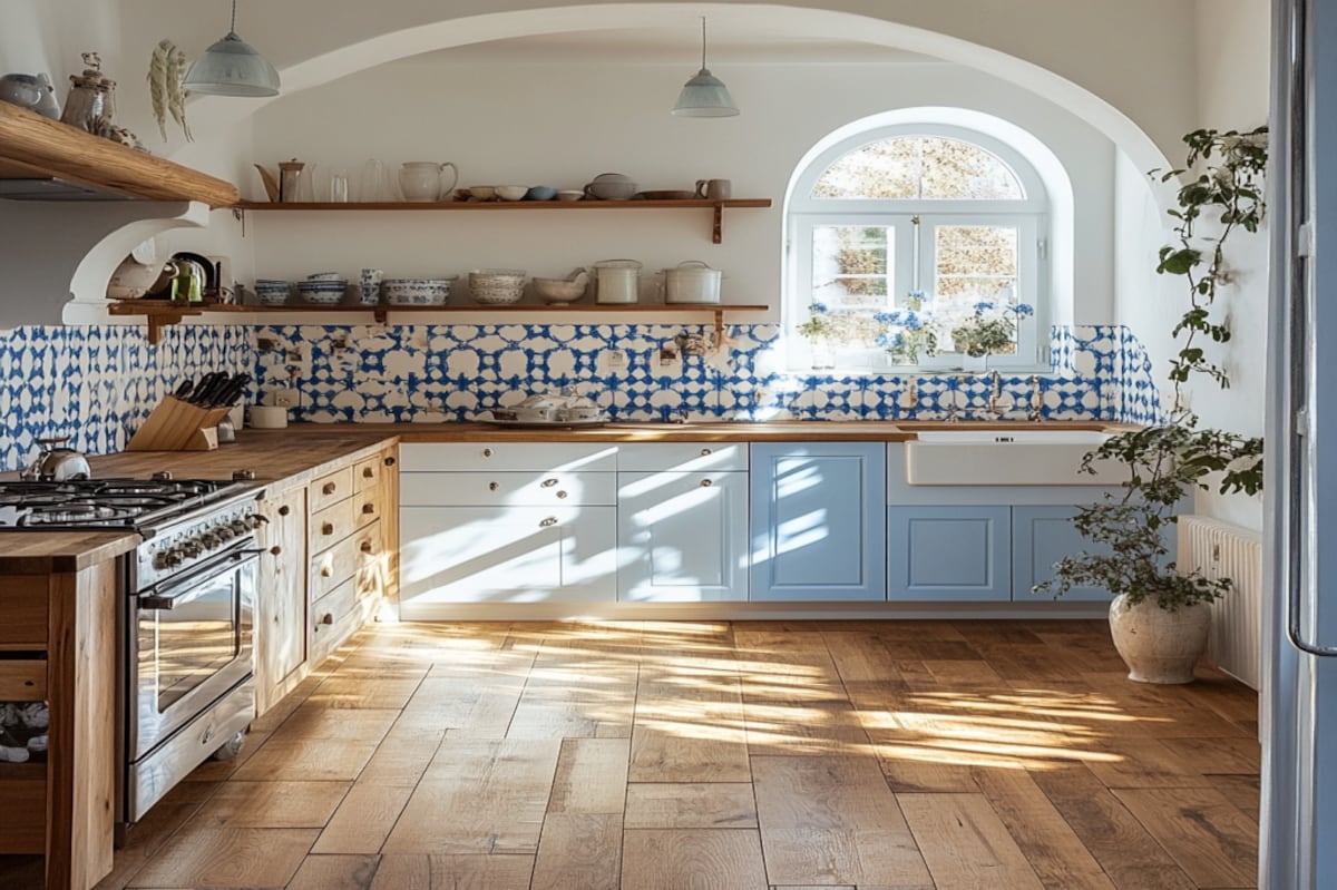 Classic Semi-Glossy Blue and White Ceramic Kitchen Tile Design