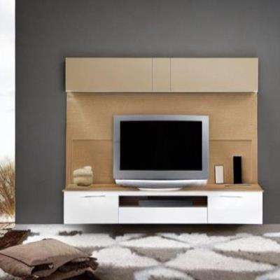 Modern TV Unit Design in Light Brown and Cream Laminate with Grey Wall