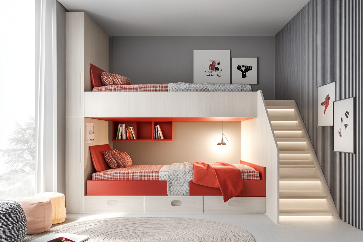 Modern Kids Room Design With Perpendicular Bunk Bed And Under-Bed Storage