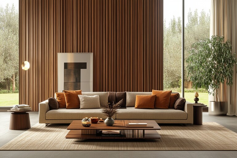 Contemporary Living Room Wall Design With Floor-To-Ceiling Wooden Wall ...