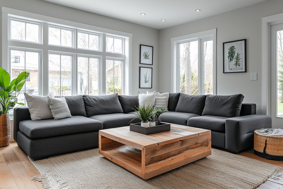 Modern Living Room Design With Dark Grey L Shaped Sofa And Wooden Coffee Table