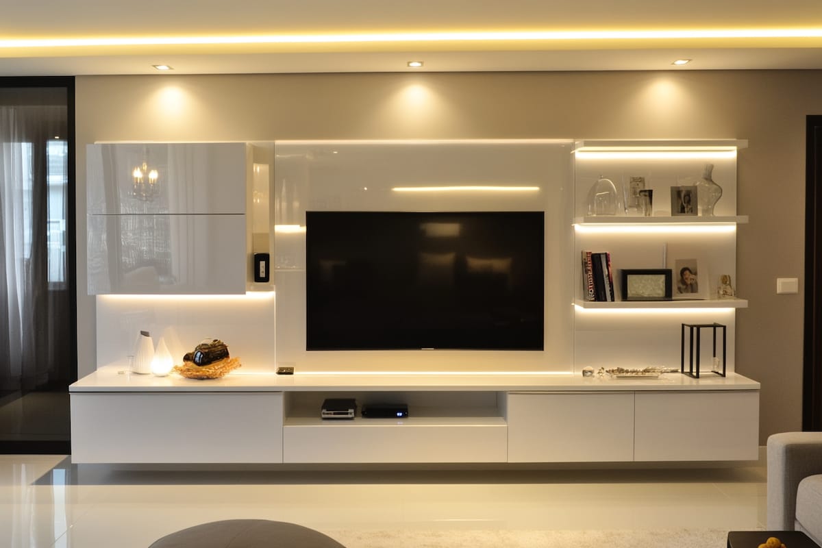 Contemporary Frosty White TV Unit Design With Laminate In High-Gloss Finish