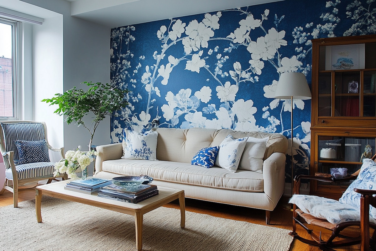 Contemporary Living Room Design With Blue And White Floral Wallpaper