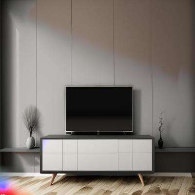 Minimalist TV Unit Design in Grey Laminate with Wooden Flooring