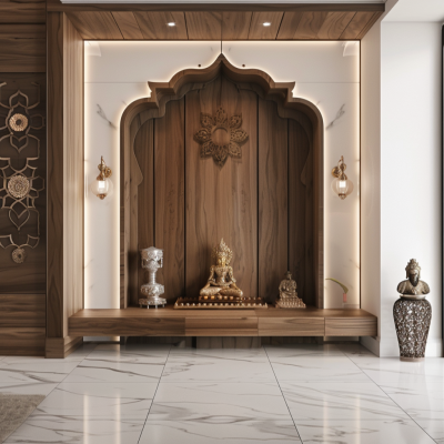 Modern Wood And White Floor-Mounted Mandir Design With Wooden Back Panel