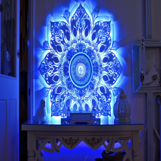 Modern Frosty White Mandir Design With Blue Backlit Om Mandala