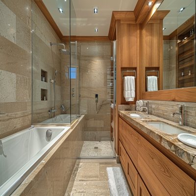 Contemporary Small Bathroom Design With Wooden Vanity Unit And Quartz Bathroom Countertop