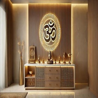 Modern Floor-Mounted Pooja Unit Design with Om Wall Art