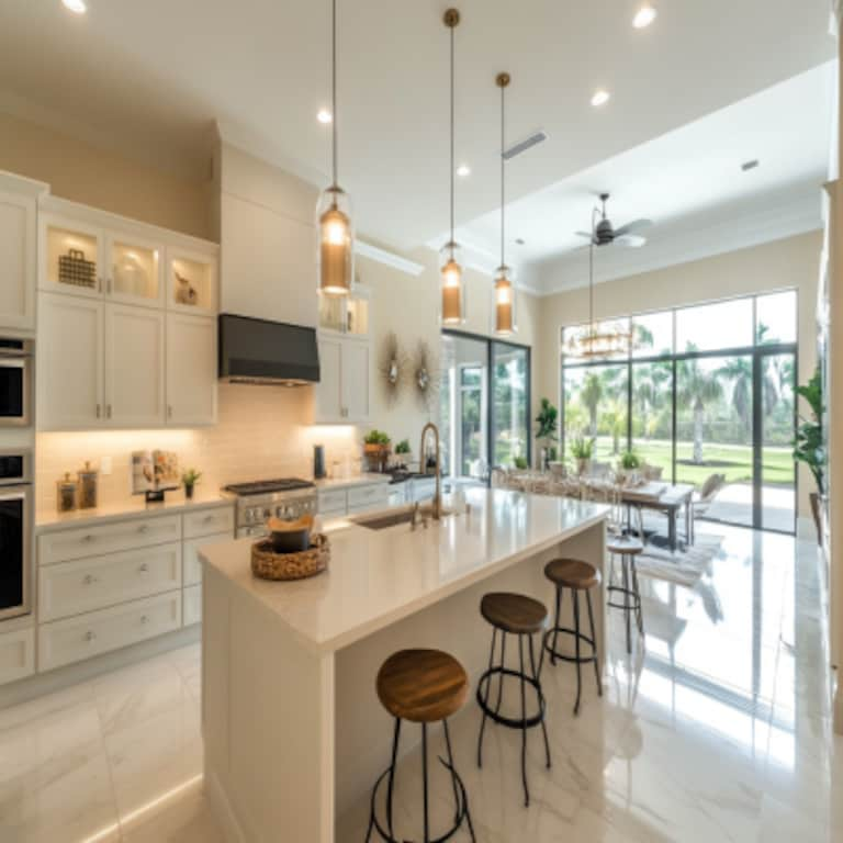 Minimal Island Kitchen Design with Champagne Colour and Quartz Countertop