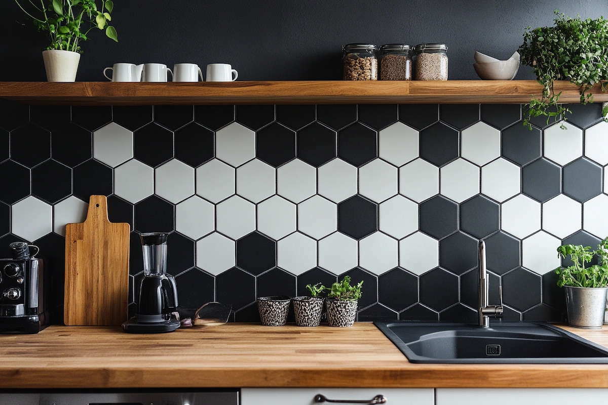 Contemporary Porcelain Black and White Hexagonal Kitchen Tile Design