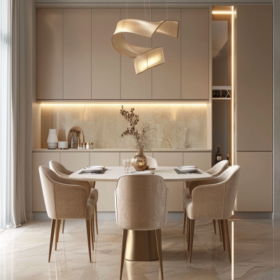 Minimalistic 6-Seater Beige Dining Room Design With Bar Unit