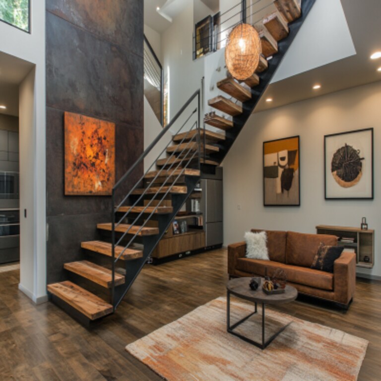Mid-Century Modern Wooden L-Shaped Staircase Design