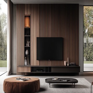 Modern TV Unit Design with Wooden Fluted Panel and Wall-Mounted Storage