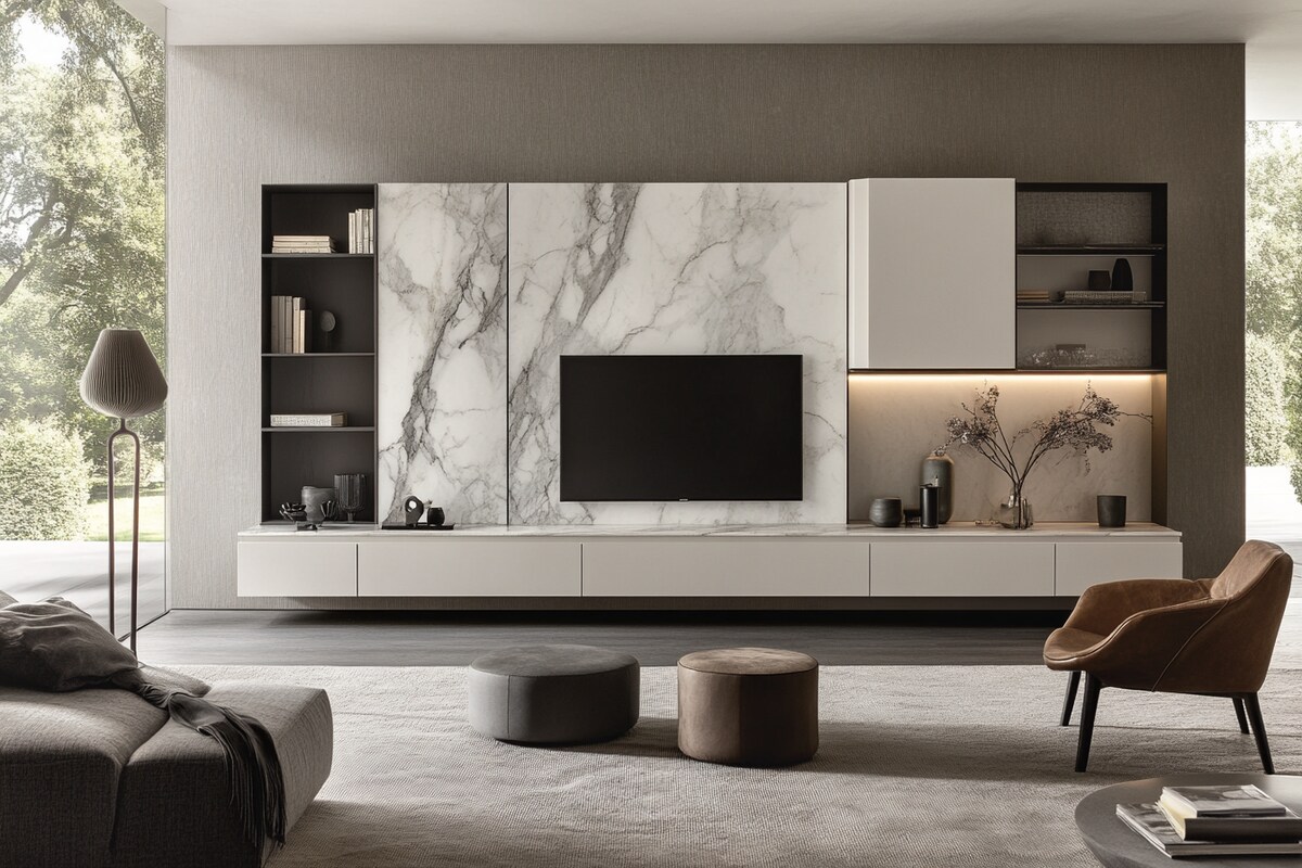 Contemporary White and Grey TV Unit Design with Marble Back Panel