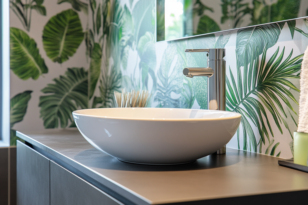 Contemporary Grey Bathroom Design With Conical Wash Basin And Leafy Wallpaper