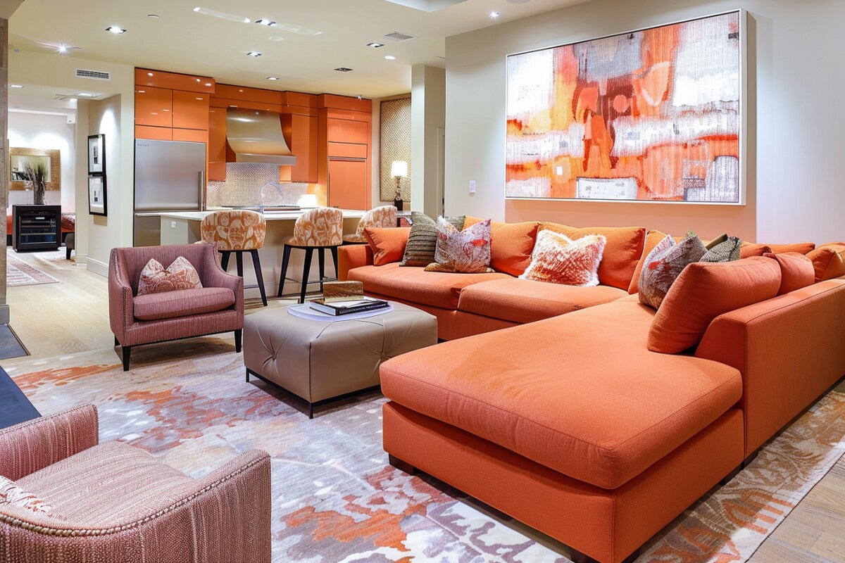 Contemporary Spacious Living Room Design With Orange L-Shaped Sectional Sofa And Dusty Rose Accent Chairs Contemporary Spacious Living Room Design With Orange L-Shaped Sectional Sofa And Dusty Rose Accent Chairs