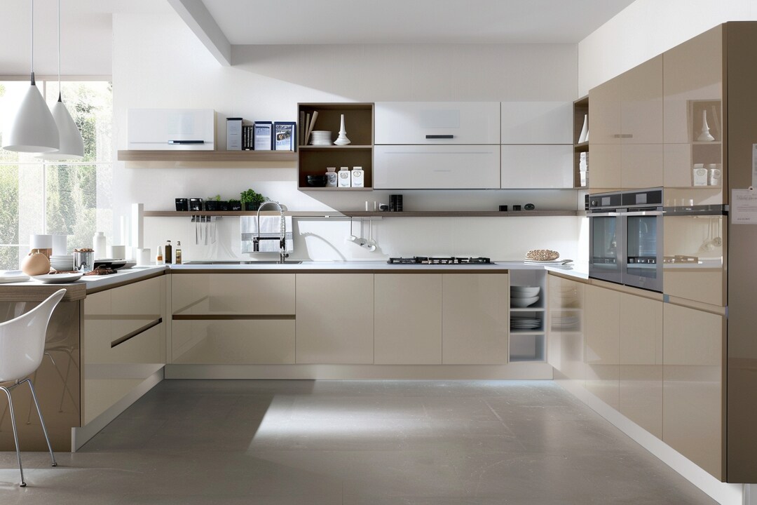 Modern Modular Open Kitchen Design With Irish Cream And White Kitchen ...