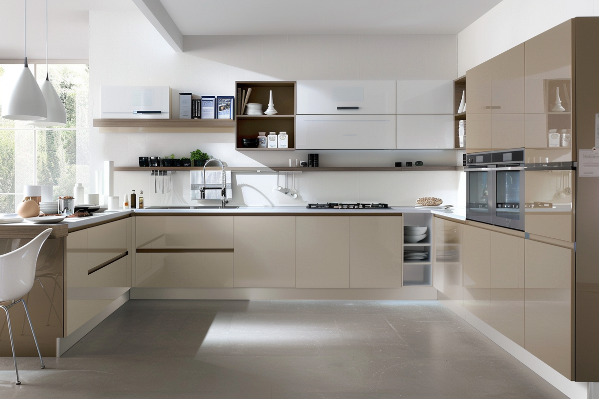 Modern Modular Open Kitchen Design With Irish Cream And White Kitchen Cabinets