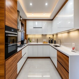 Contemporary White L-Shaped Modular Kitchen Design With Patterned Black ...
