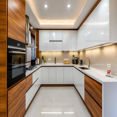 White And Wood Modular Modern U-Shaped Kitchen Design