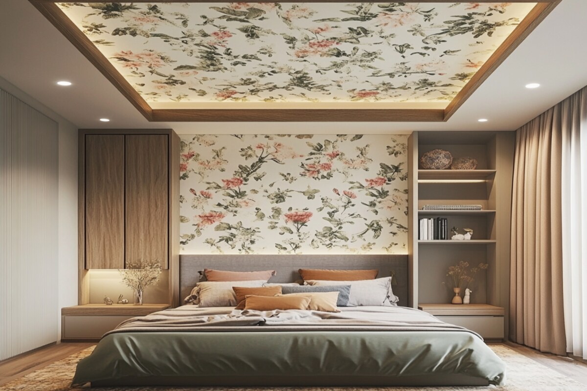 Modern Floral Bedroom False Ceiling Design With Wallpaper