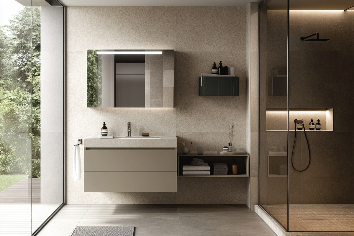 Shower and Storage-Modern Bathroom Design With Vanity and Mirror