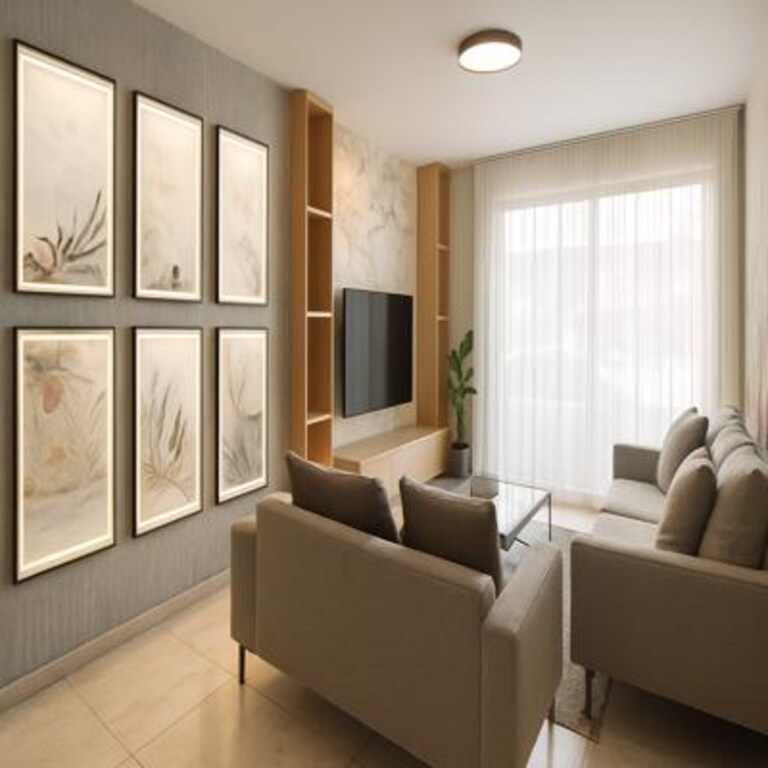 Medium Modern Neutral Living Room Design with Gallery Wall Medium Modern Neutral Living Room Design with Gallery Wall