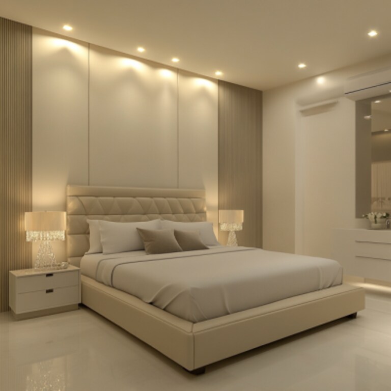 Minimalist Master Bedroom Design with Queen Bed and Crystal Lamps