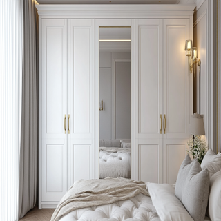 Contemporary 4-Door White Swing Wardrobe Design With Brass Handles And Mirror