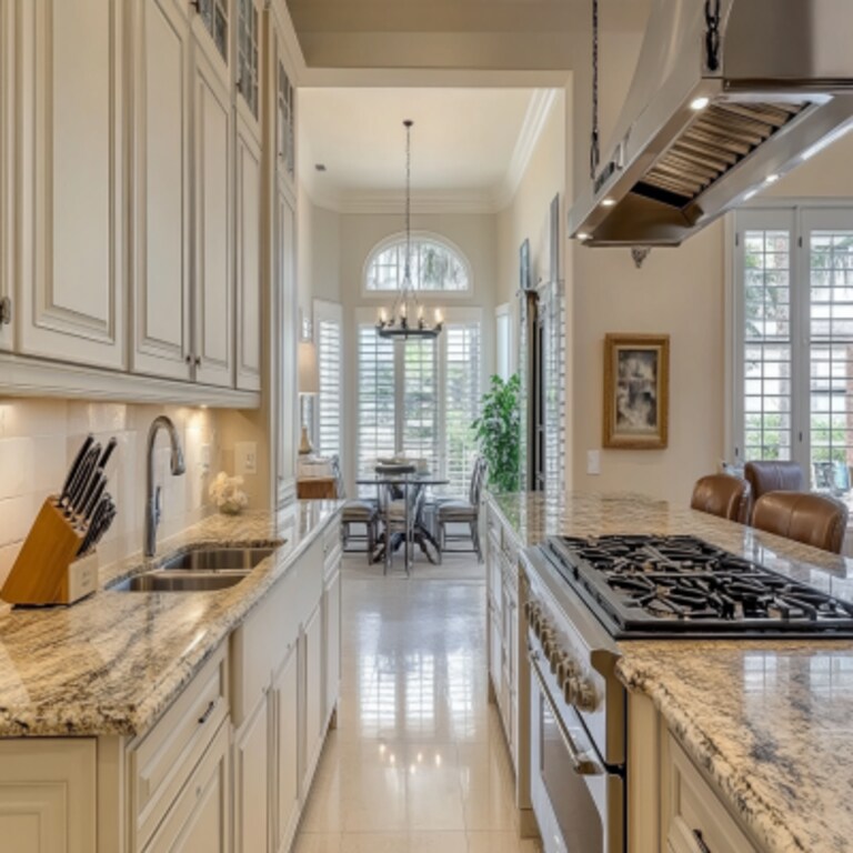 Modern Parallel Kitchen Design With Champagne Shutters And Granite Kitchen Countertop